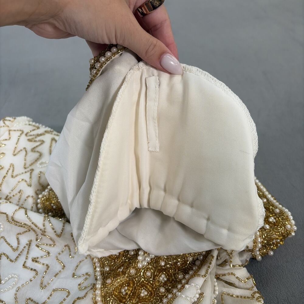 Laurence Kazar Ivory & Gold Sequined Beaded Pearl Silk Blouse Luxury XXL Charity - Picture 8 of 10